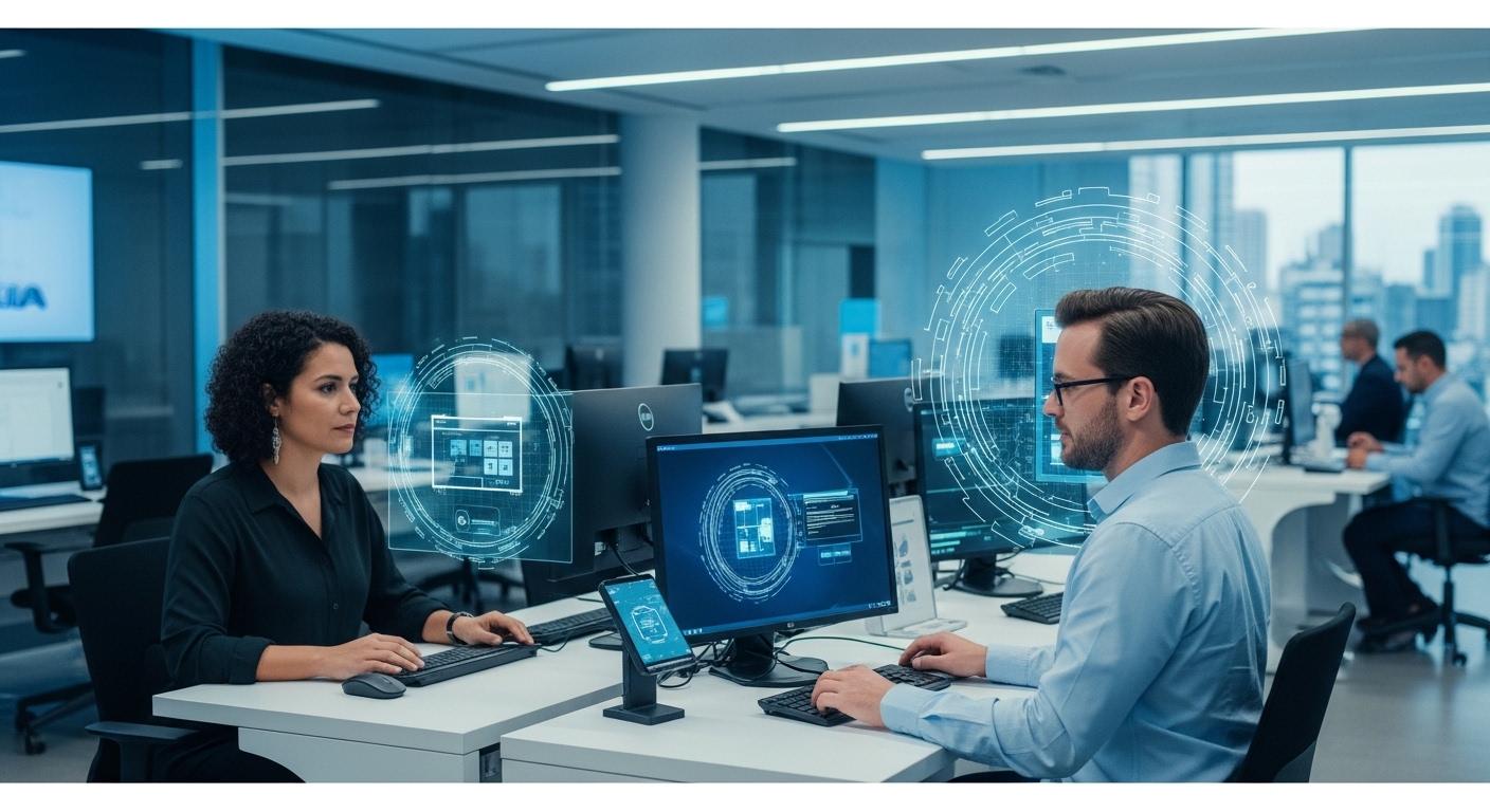 Telecom infrastructure in Brazil featuring Nokia equipment and TIM Brasil branding with AI data visualization