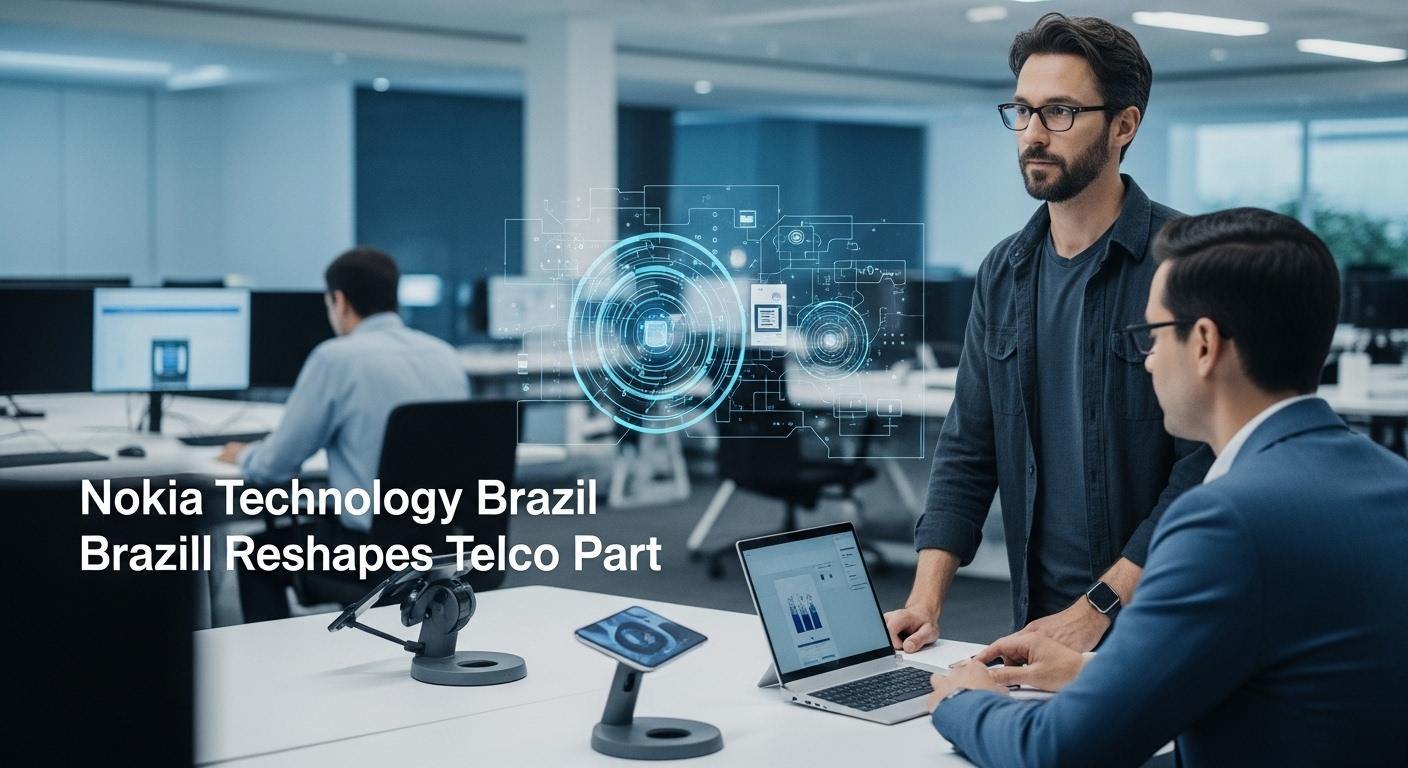 Nokia AI partnerships in Brazil data center with TIM Brasil and Deutsche Telekom banners and 5G visualization.
