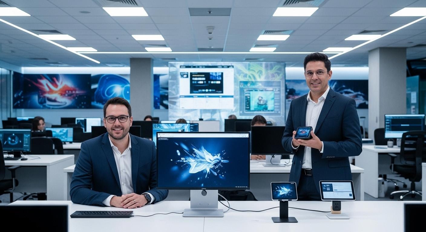 Nokia AI partnerships in Brazil data center with TIM Brasil and Deutsche Telekom banners and 5G visualization.