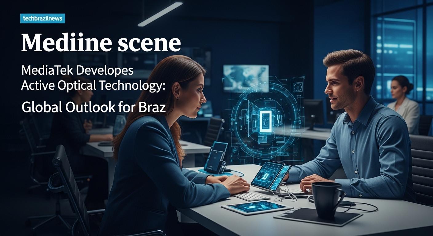 Editorial illustration showing MediaTek and Microsoft Research collaboration on active optical technology in a data cent