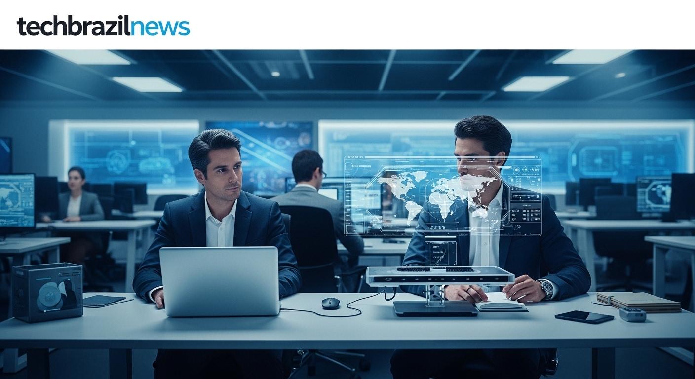 Concept art of a digital marine tech hub inside a science education aquarium with robotics and data displays