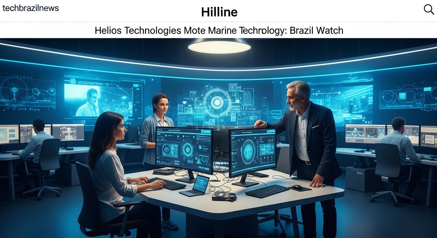 Newsroom-style illustration of a marine technology hub concept with Helios and Mote logos.