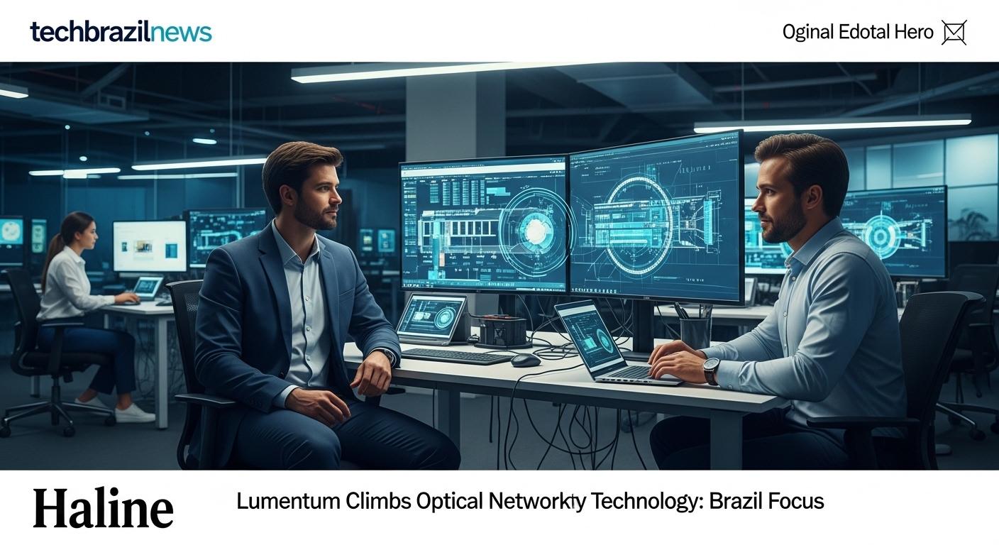 Brazilian data center with optical networking technology visuals and Lumentum branding.
