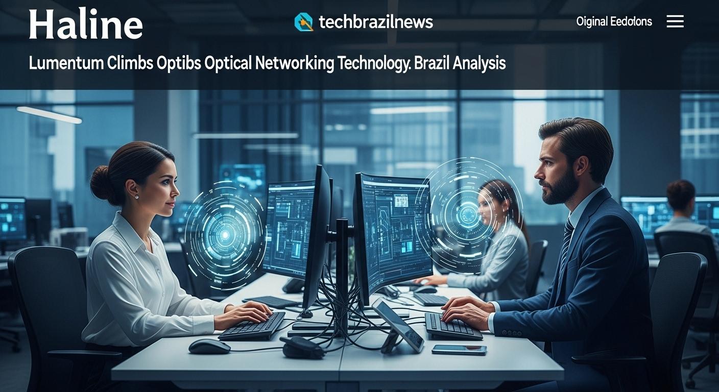 Data center scene showing optical fiber systems and photonics technology in a Brazilian enterprise setting.