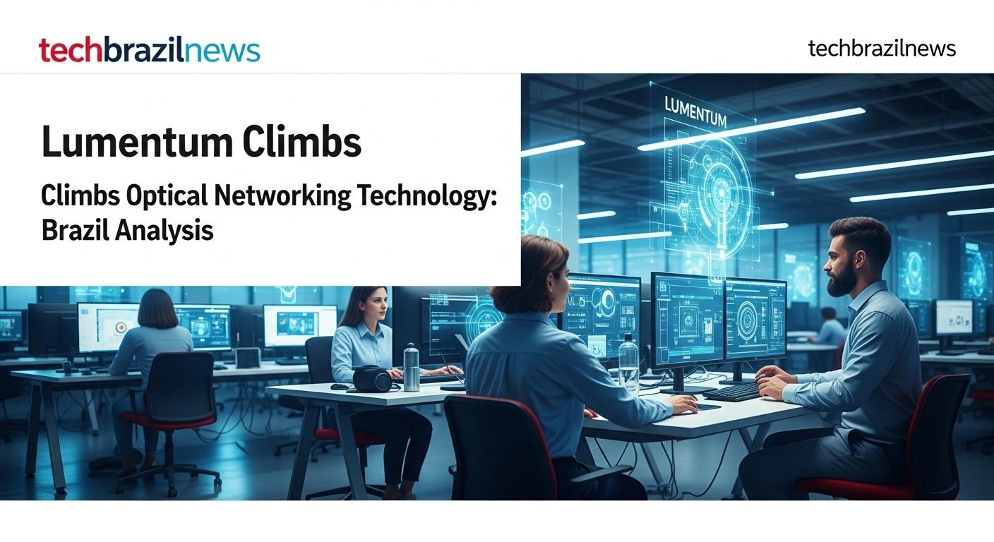 Data center scene showing optical fiber systems and photonics technology in a Brazilian enterprise setting.