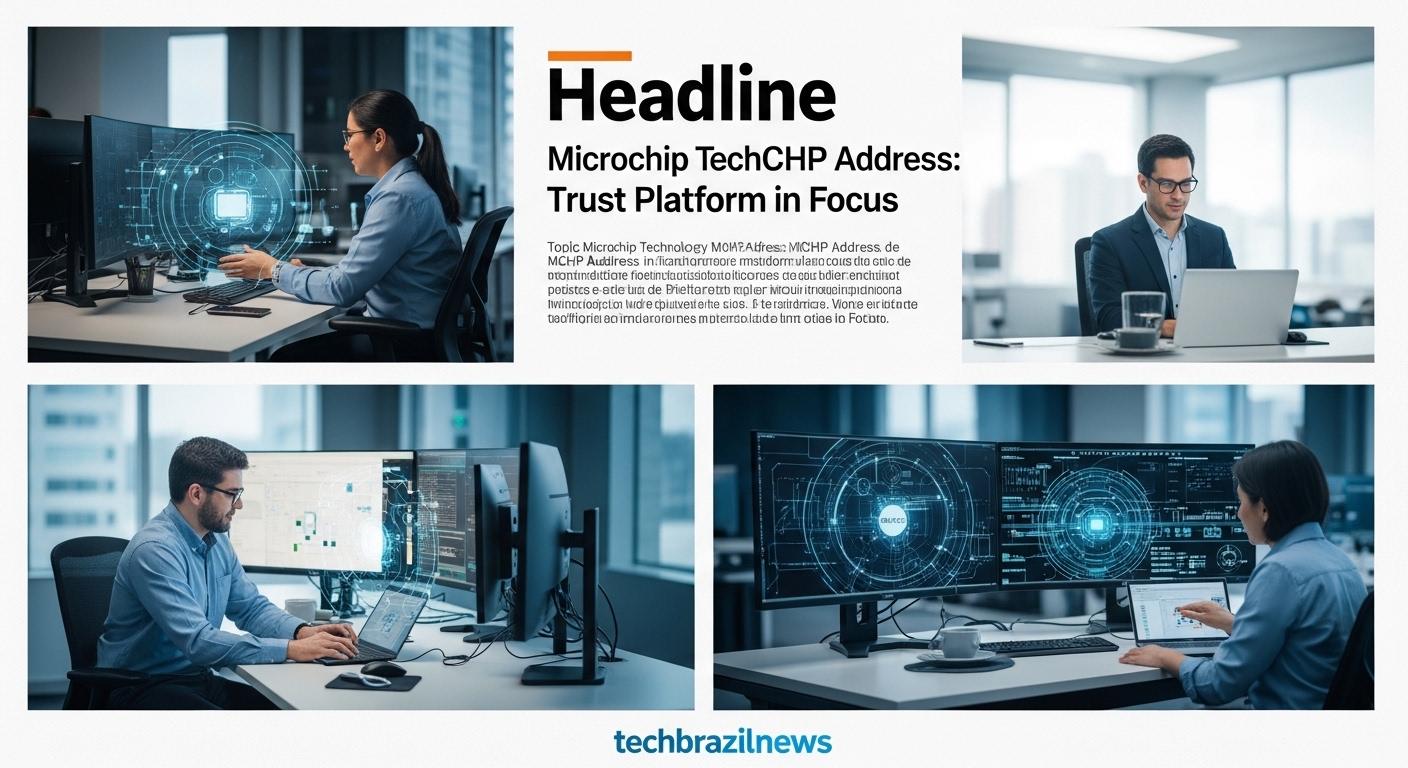 Close-up of a Microchip microcontroller with a digital security overlay and Brazilian context