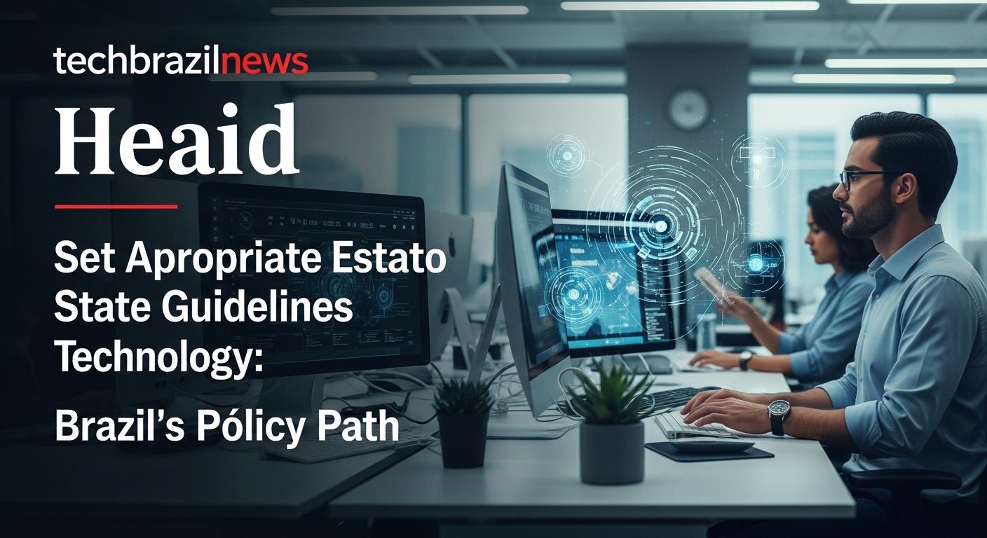 Newsroom briefing on Brazil's surveillance policy and state guidelines for technology with digital overlays.