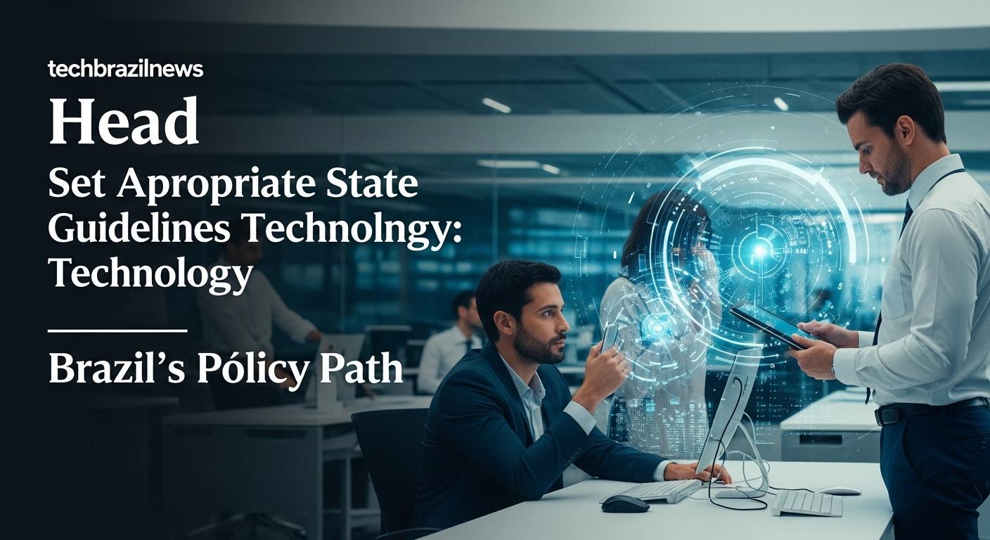 Newsroom briefing on Brazil's surveillance policy and state guidelines for technology with digital overlays.