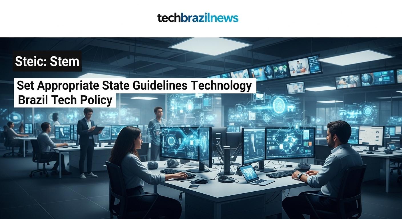 Brazilian tech newsroom illustration with gears and AI symbols