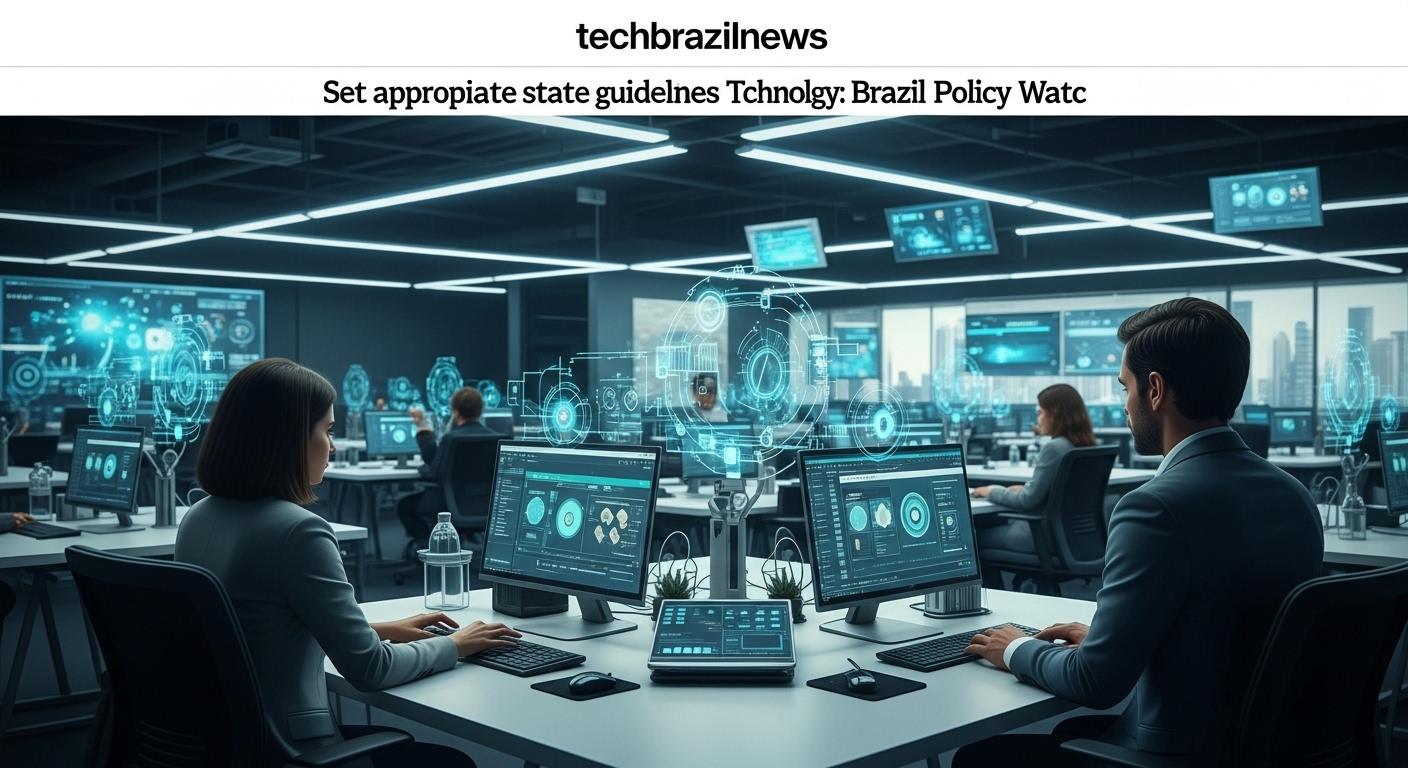 Editorial illustration of Brazil tech policy with surveillance and privacy icons