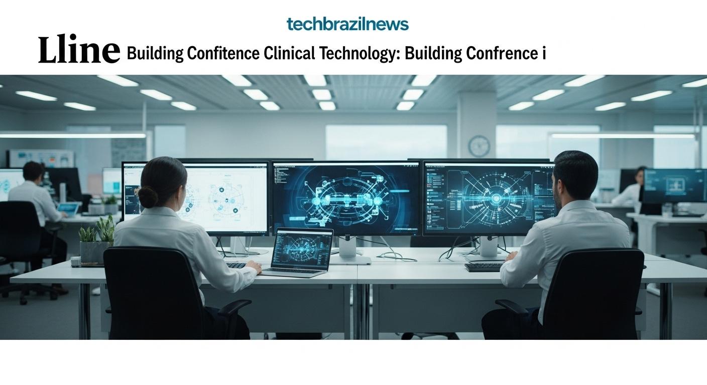 Brazilian clinical research professional reviewing digital trial data and dashboards