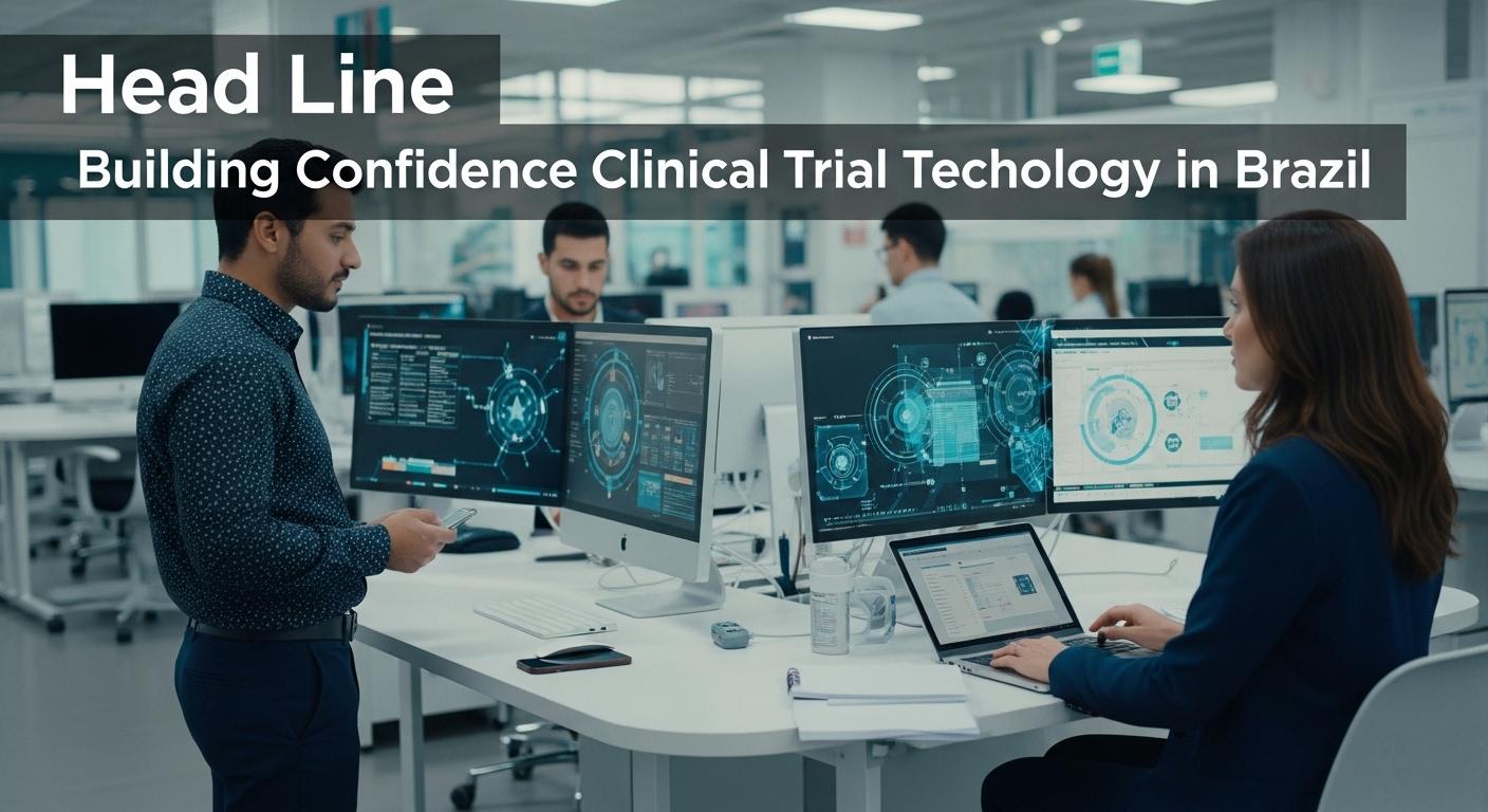 Editorial illustration of AI-driven clinical trial data workflow in Brazil with regulatory compliance visuals