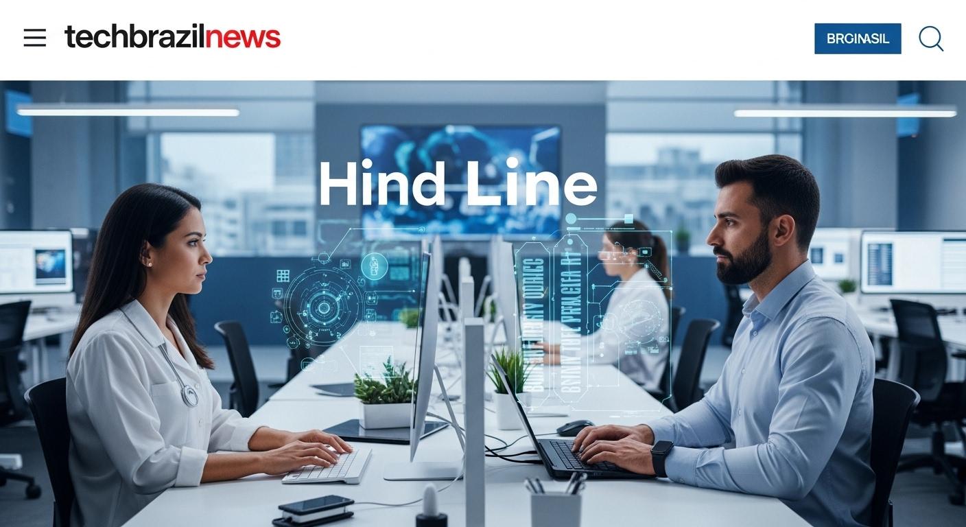 Editorial illustration of AI-driven clinical trial data workflow in Brazil with regulatory compliance visuals